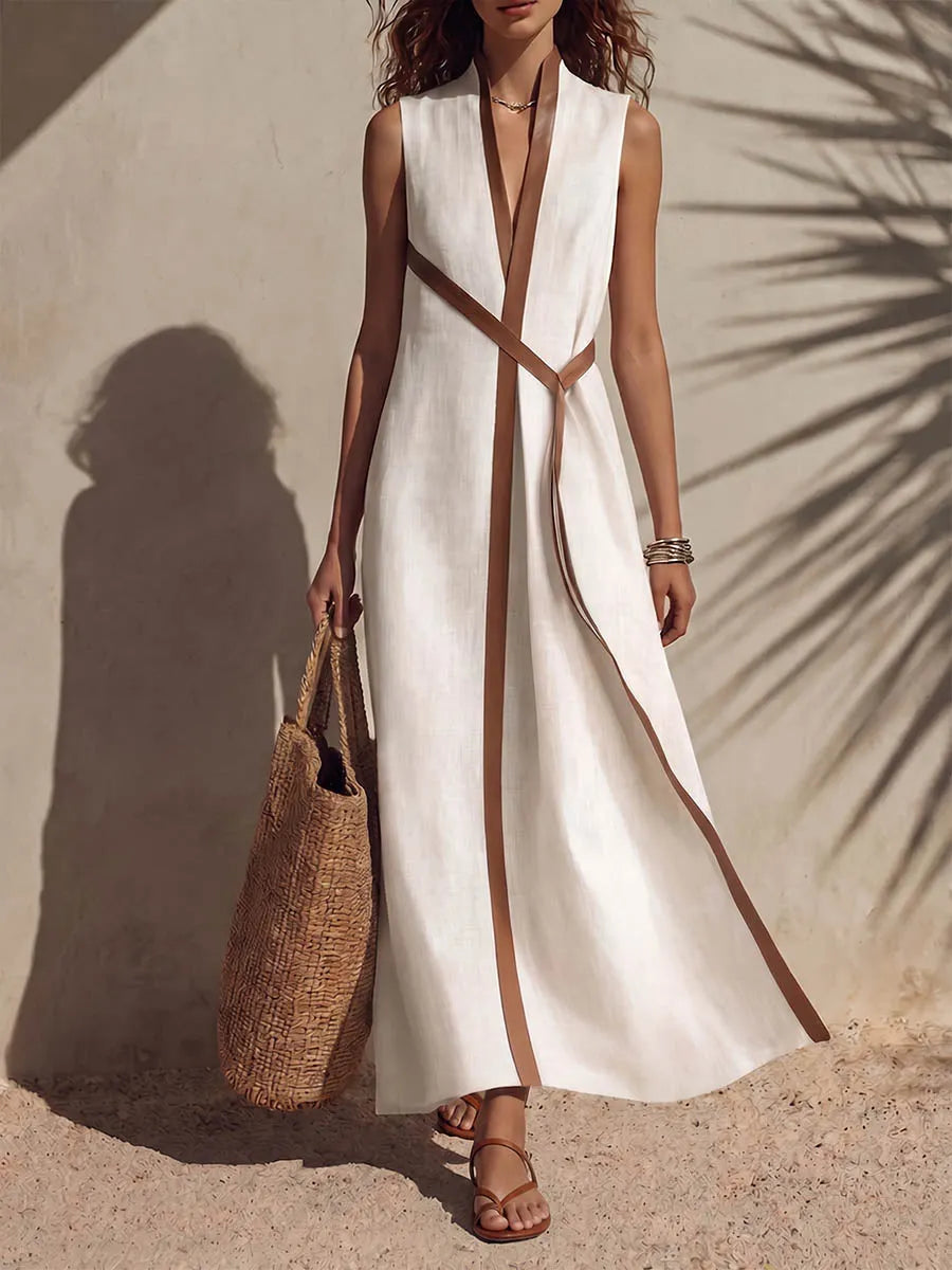 Women's Stand-up Collar Sleeveless Casual Loose Cotton And Linen Dress