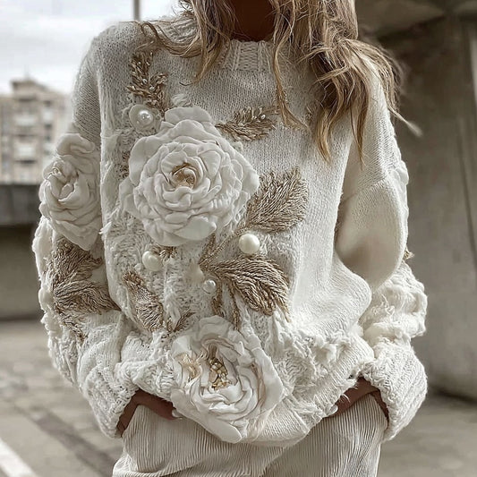 Women's Vintage White Rose Chunky Knit Turtleneck Sweater