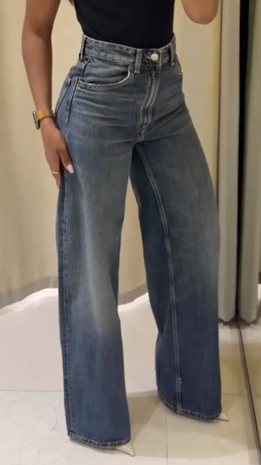 Dark Blue Vintage Wash Wide-Leg Jeans