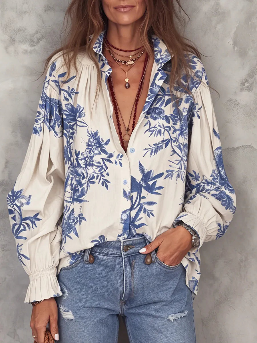 Boho Vintage Floral Print Cotton-linen Shirt