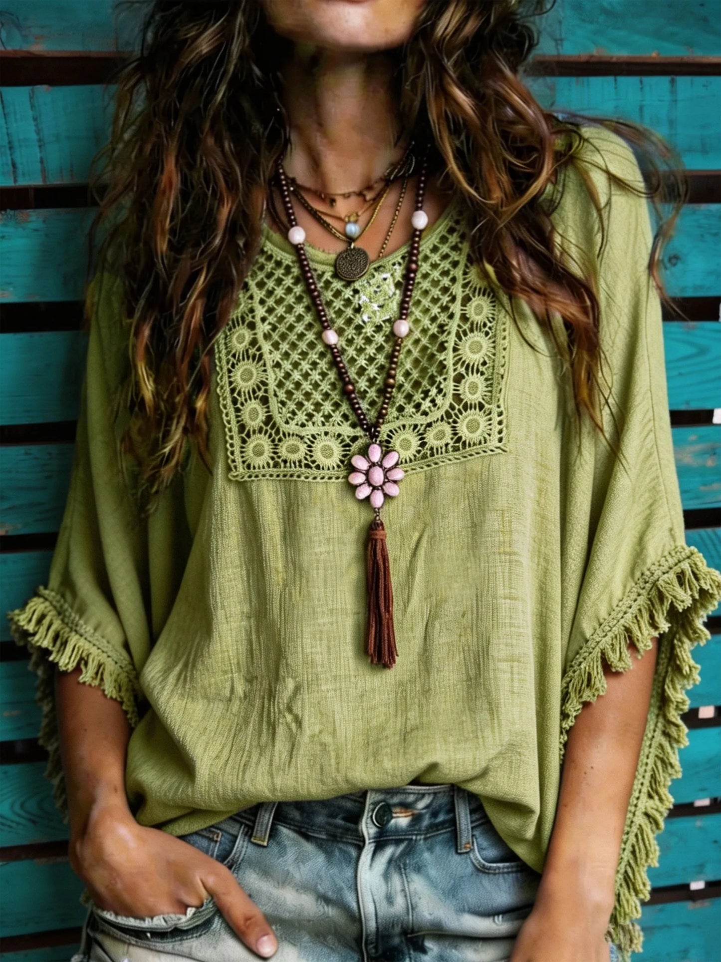 Women’s Boho Crochet Yoke Fringe 3/4 Sleeve Loose Blouse