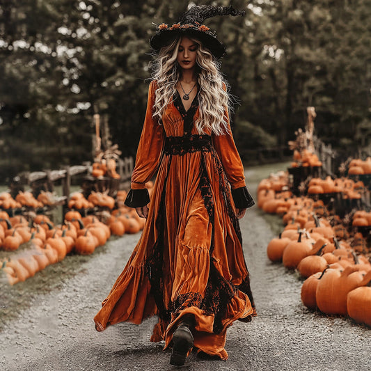 Women's Classic Pumpkin Orange Halloween Art Comfy Velvet Maxi Dress