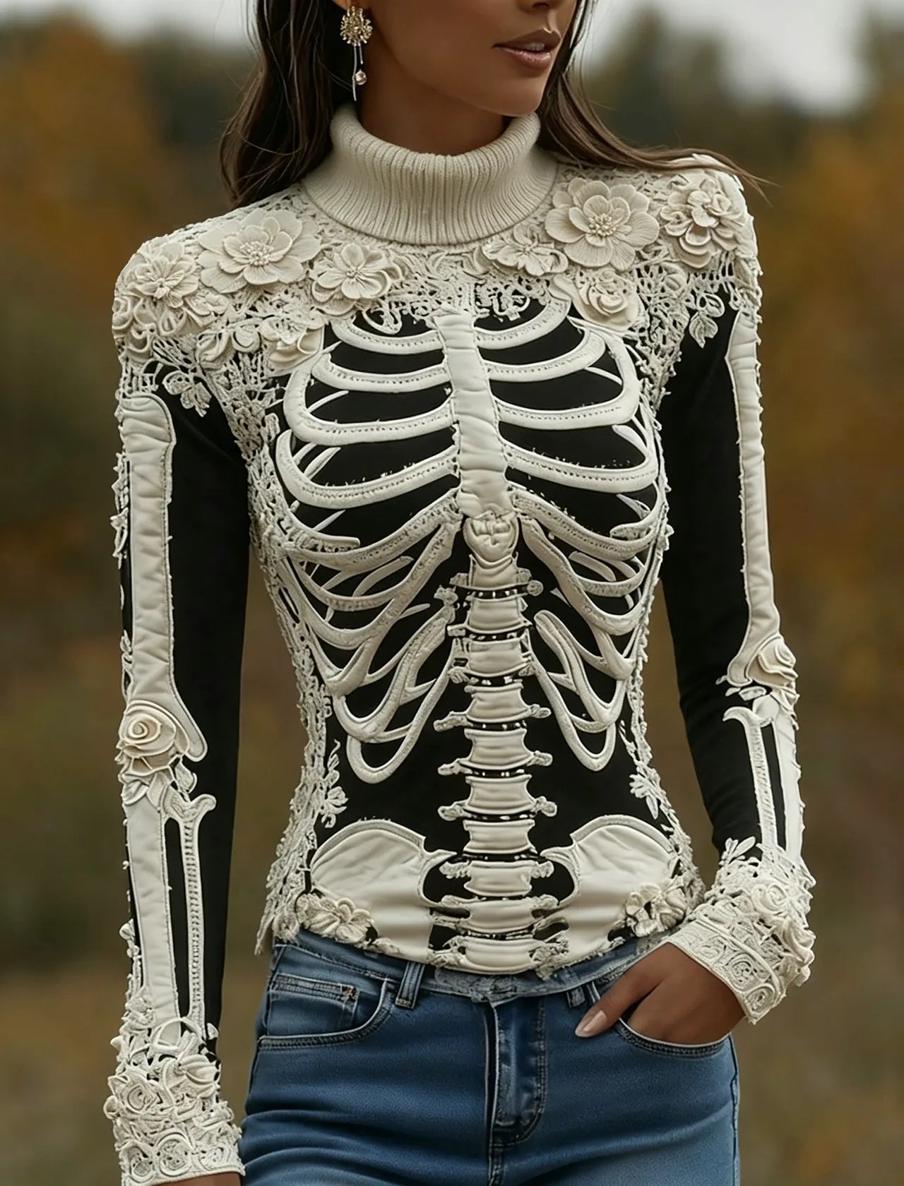 Women's Halloween Skeleton Bones With Roses Art Knitted Warm Turtleneck Sweater