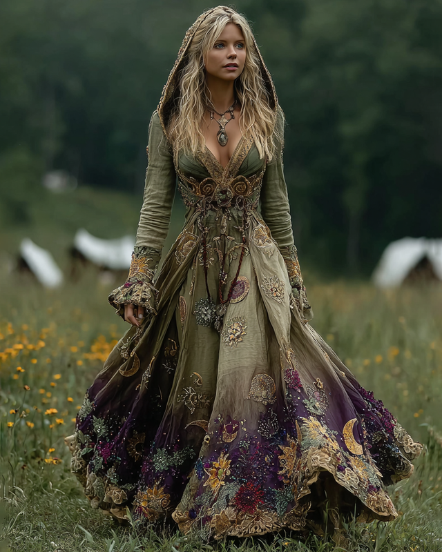 Floral Star and Moon Embroidered Beaded Hooded Dress ab9b