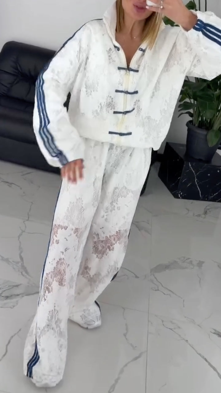 Frog-Button & Lace-Trimmed Striped Track Jacket + Wide-Leg Pants Set