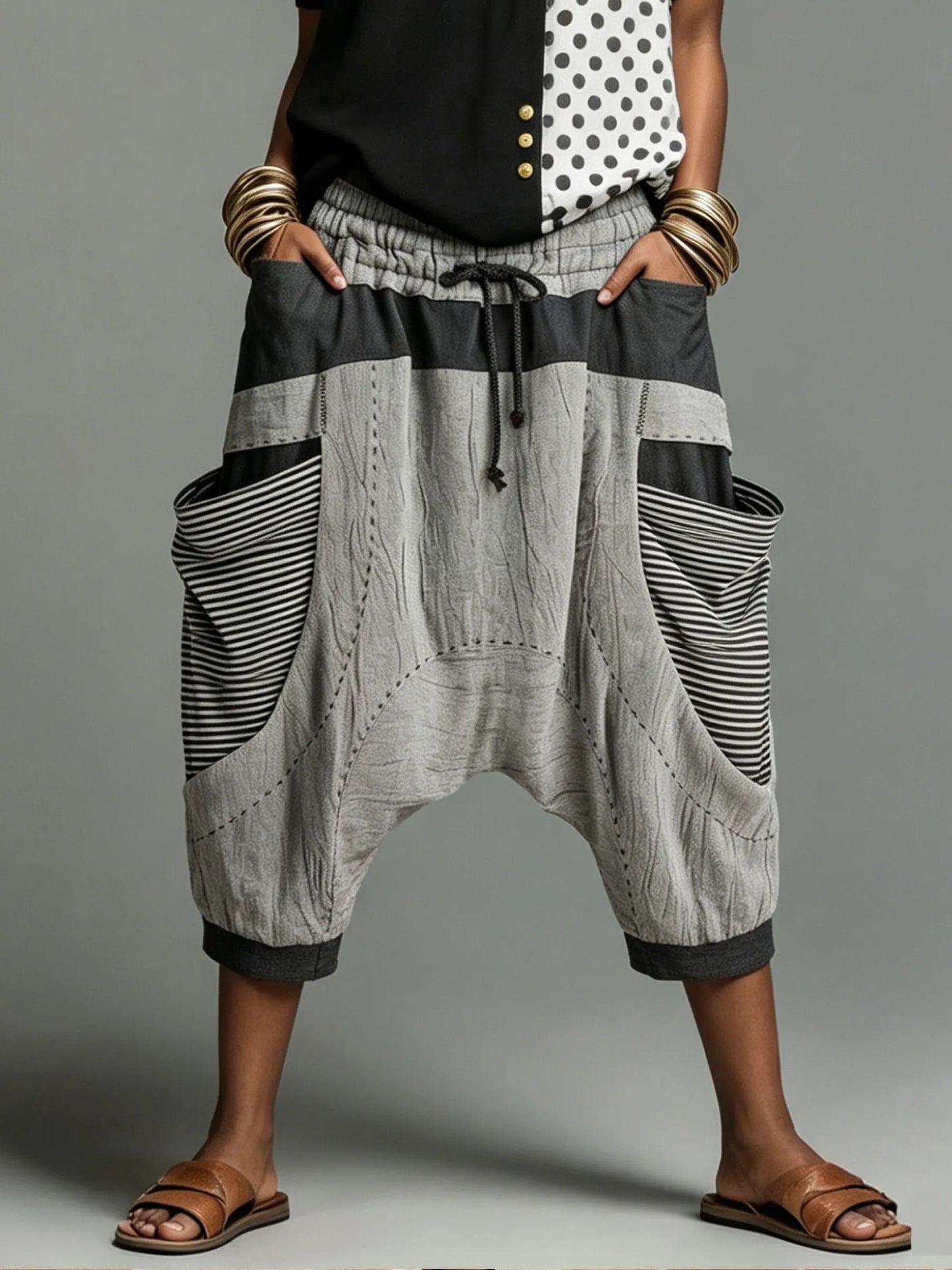 Womens Striped Patchwork Drop Crotch Harem Cropped Pants