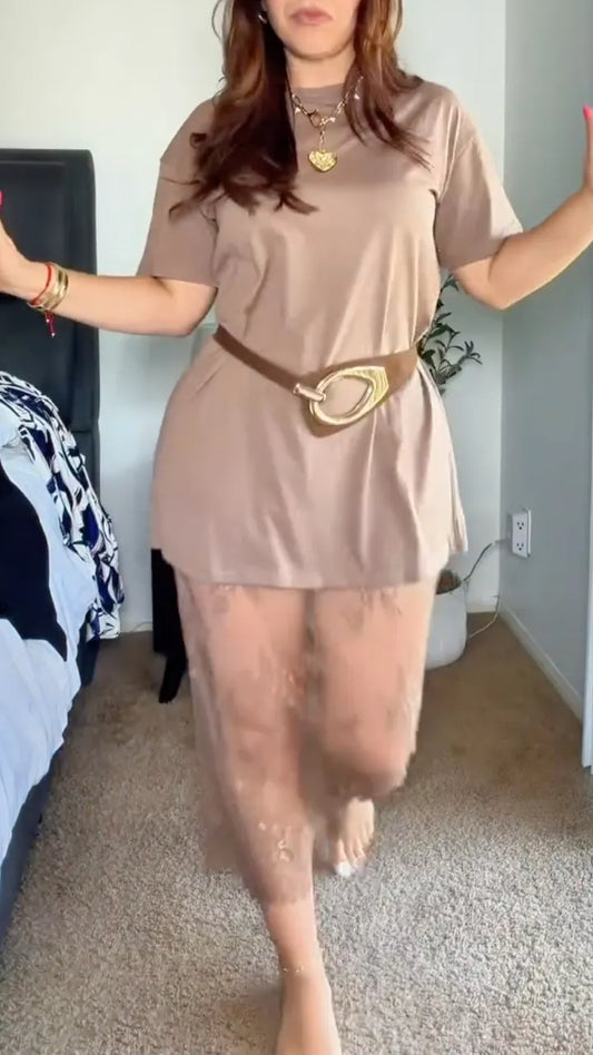 Taupe Two Layer T-shirt Lace Maxi Dress