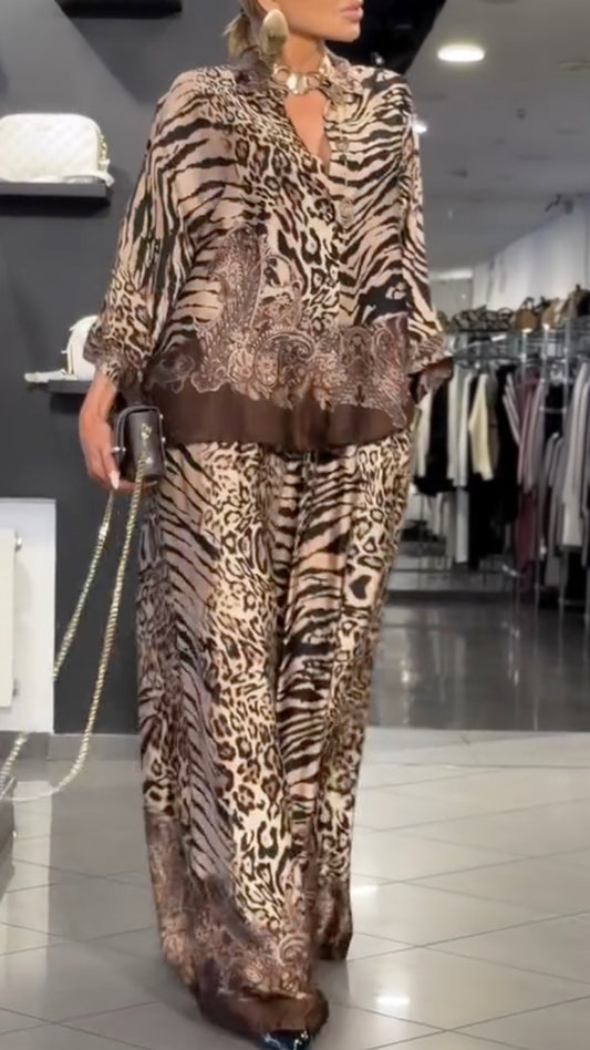 Zebra Leopard Print Satin Shirt + Wide Leg Pants 2 Piece Set