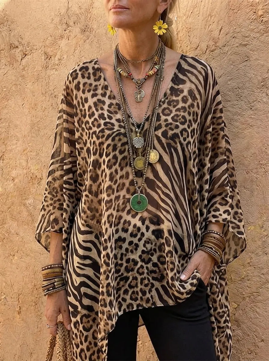 Women's Animal Print V-Neck Poncho Top
