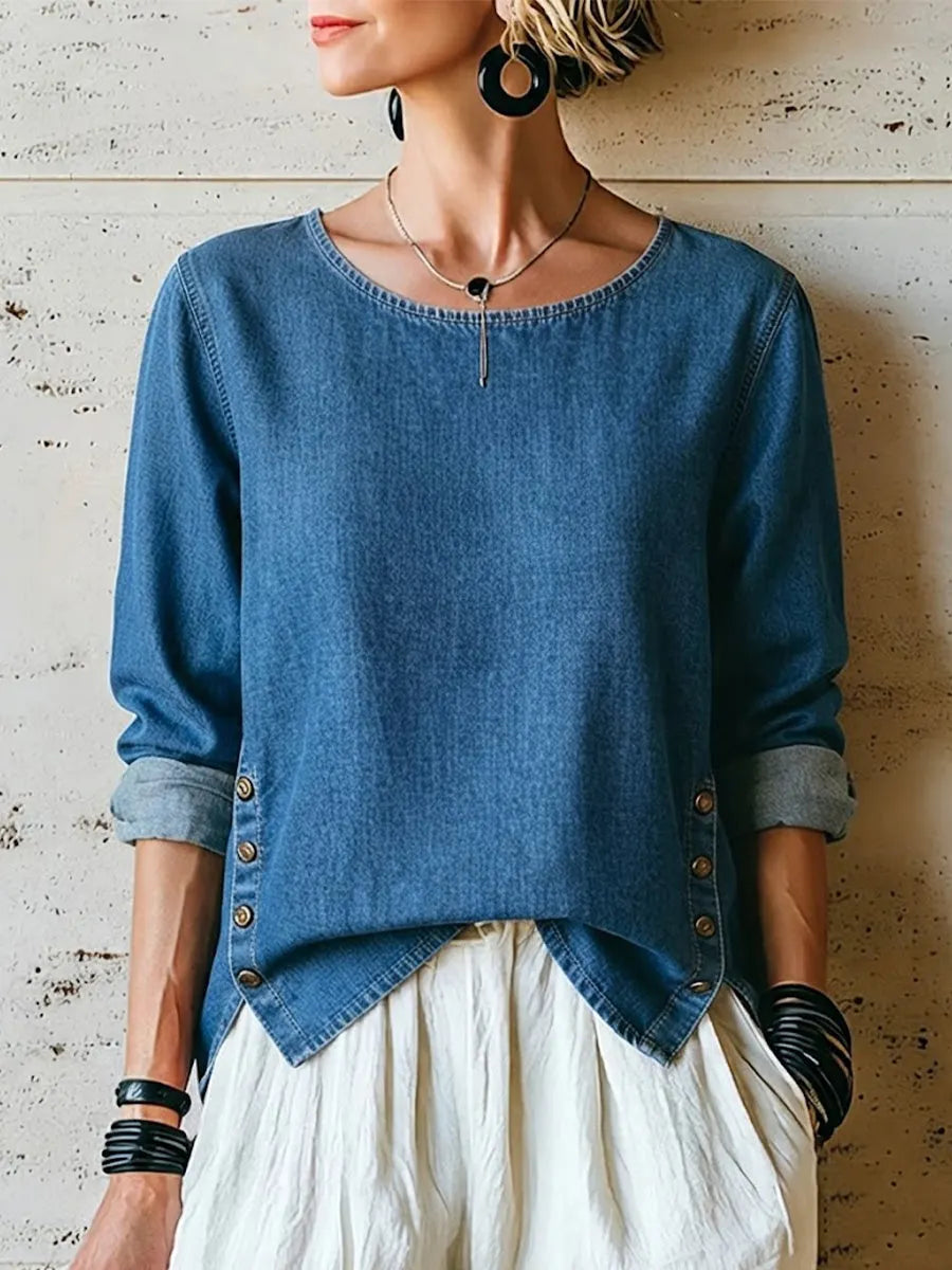 Relaxed-fit, Distressed Soft Denim Shirt Featuring A Crew Neck, Rolled Sleeves, Side Metal Buckles, Side Slits, And An Asymmetrical Hem