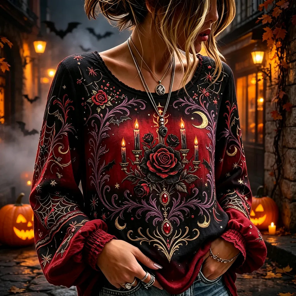 Women's Gothic Rose Candlestick Print Long-sleeved Blouse With Spiderweb Pattern.