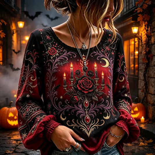 Women's Gothic Rose Candlestick Print Long-sleeved Blouse With Spiderweb Pattern.