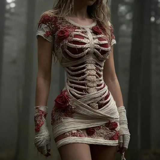 Women's Vintage Halloween Rose And Human Skeleton Art Pattern Short Sleeve Mini Dress