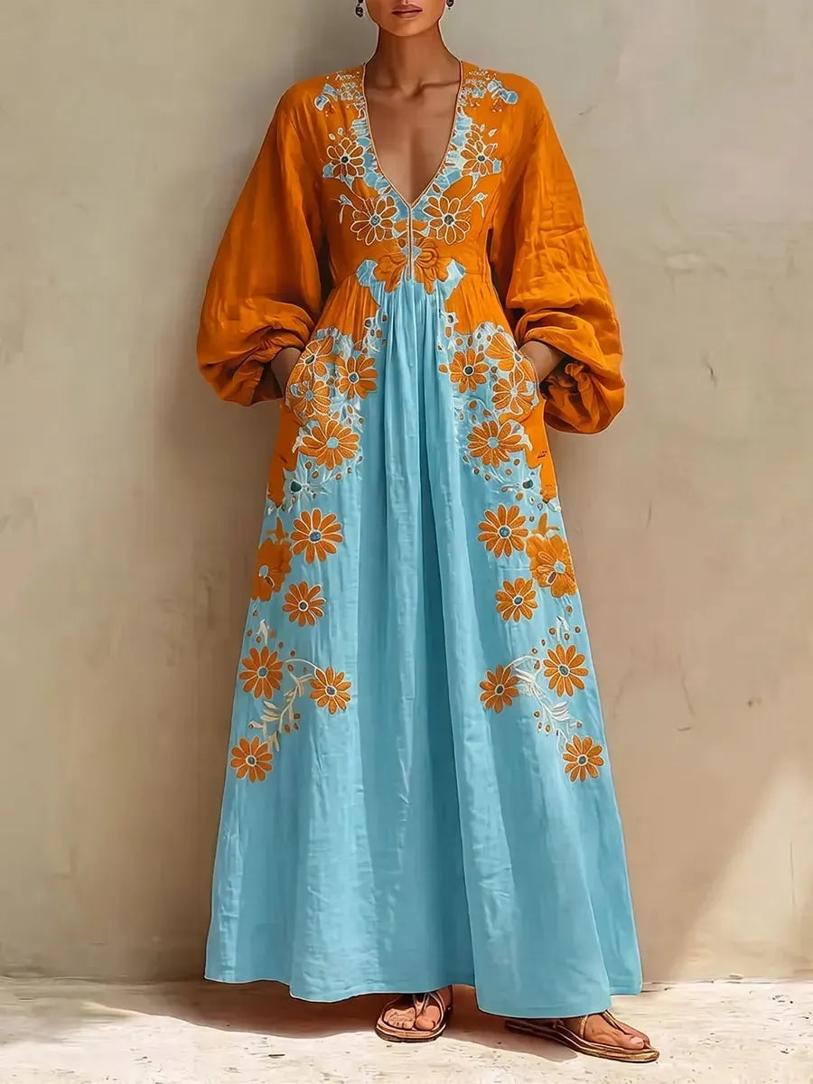 Bohemian Two-Tone Floral V-Neck Maxi Dress