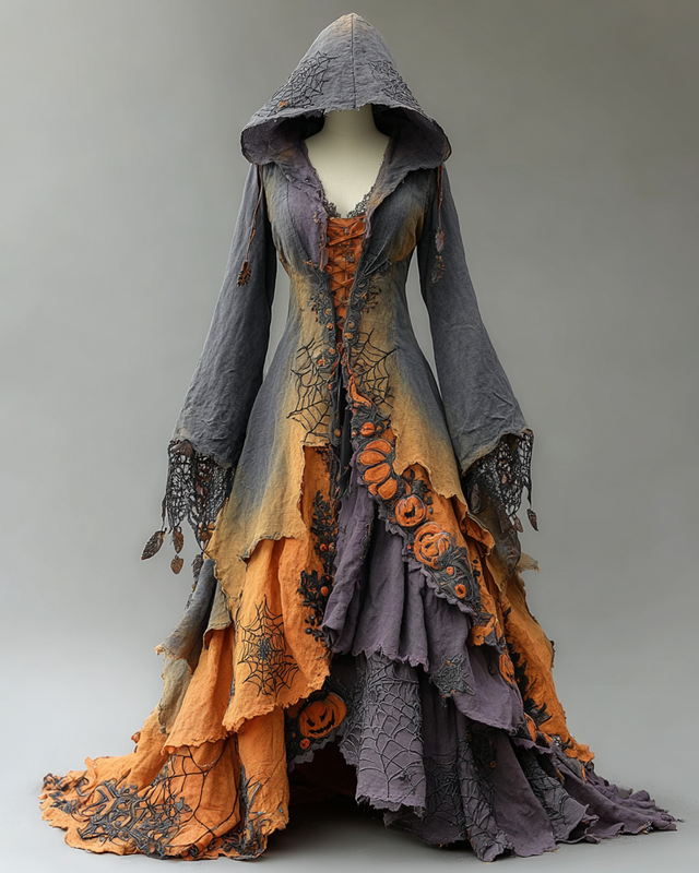 Halloween Themed Irregular Ruffle Pumpkin Spiderweb Embroidery Hooded Dress 5bc6