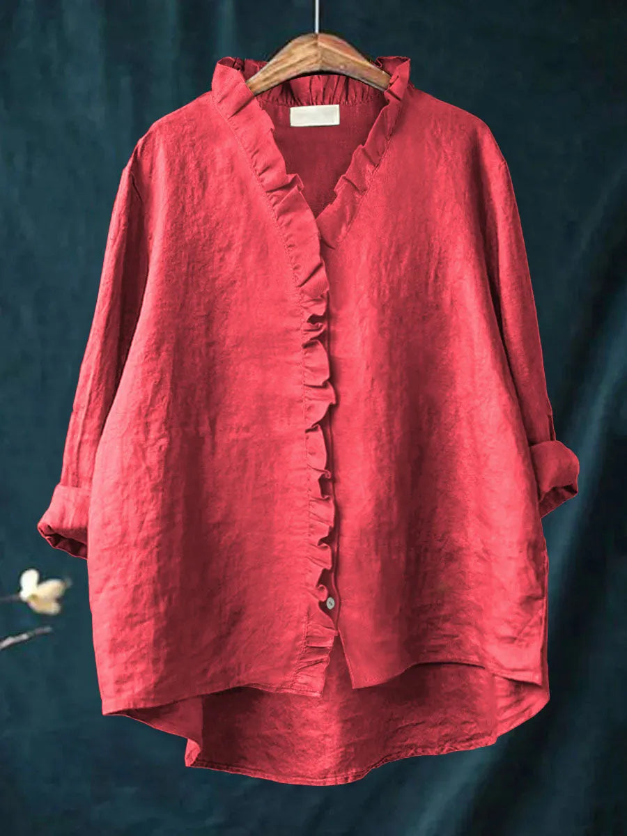 Women's Linen Blend Ruffle V-Neck Blouse