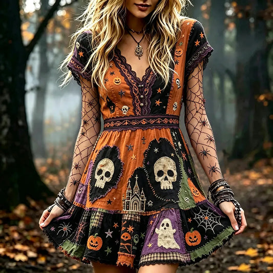 Women's Halloween Stitched Skeleton And Ghost Art Color-block Patchwork Casual V-neck Short Sleeve Dress