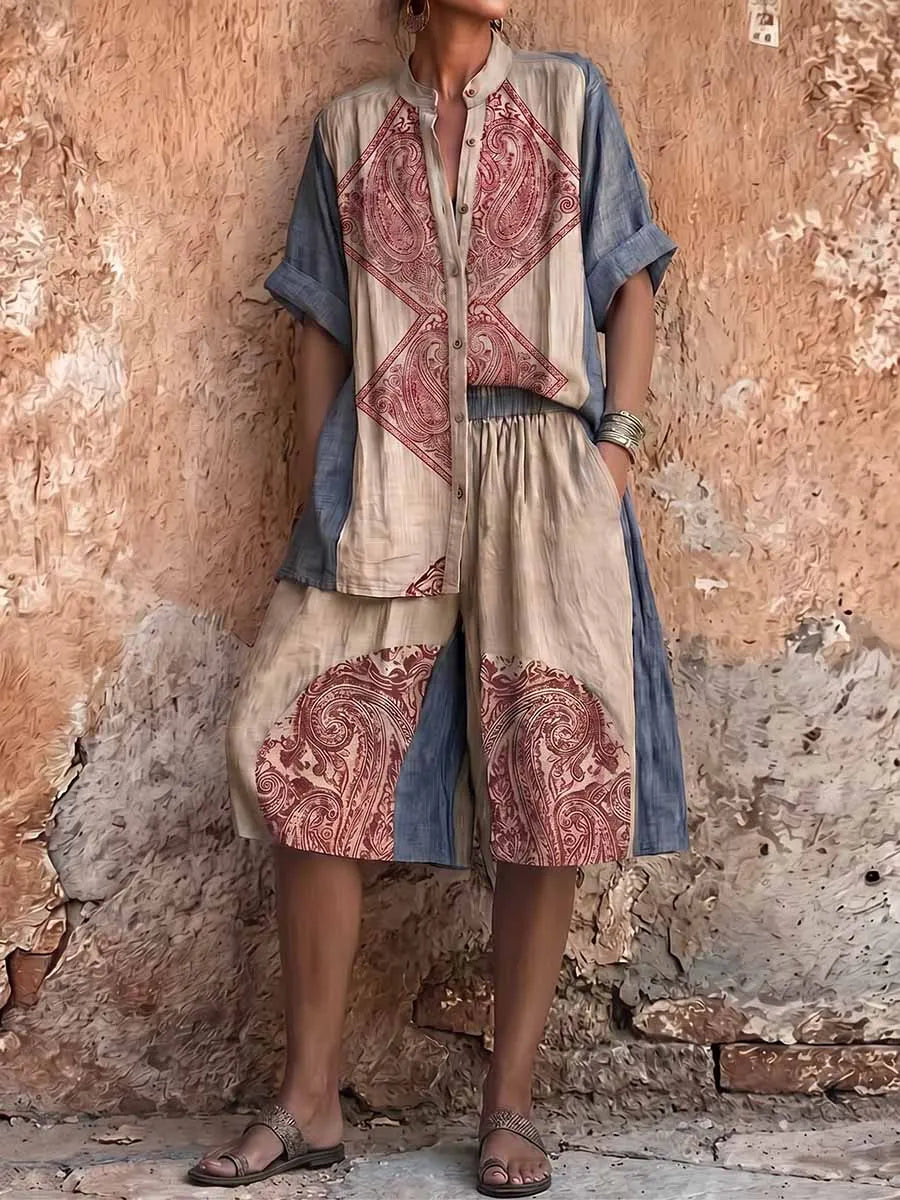 Women's Vintage Placement-print Cotton-linen Set: Short-sleeve Stand-collar Loose Casual Top & High-waisted Wide-leg Shorts