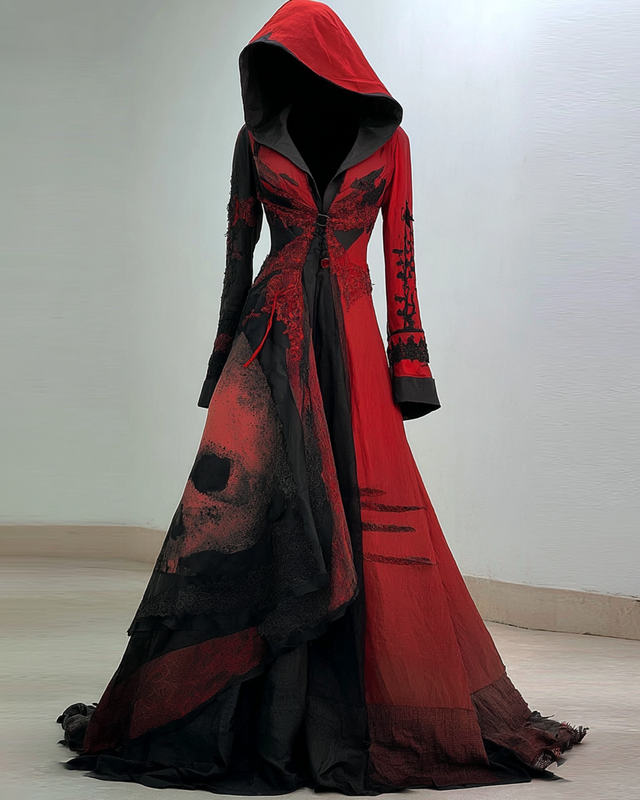 Halloween Contrast Skull Lace Panel Hooded Dress 745d
