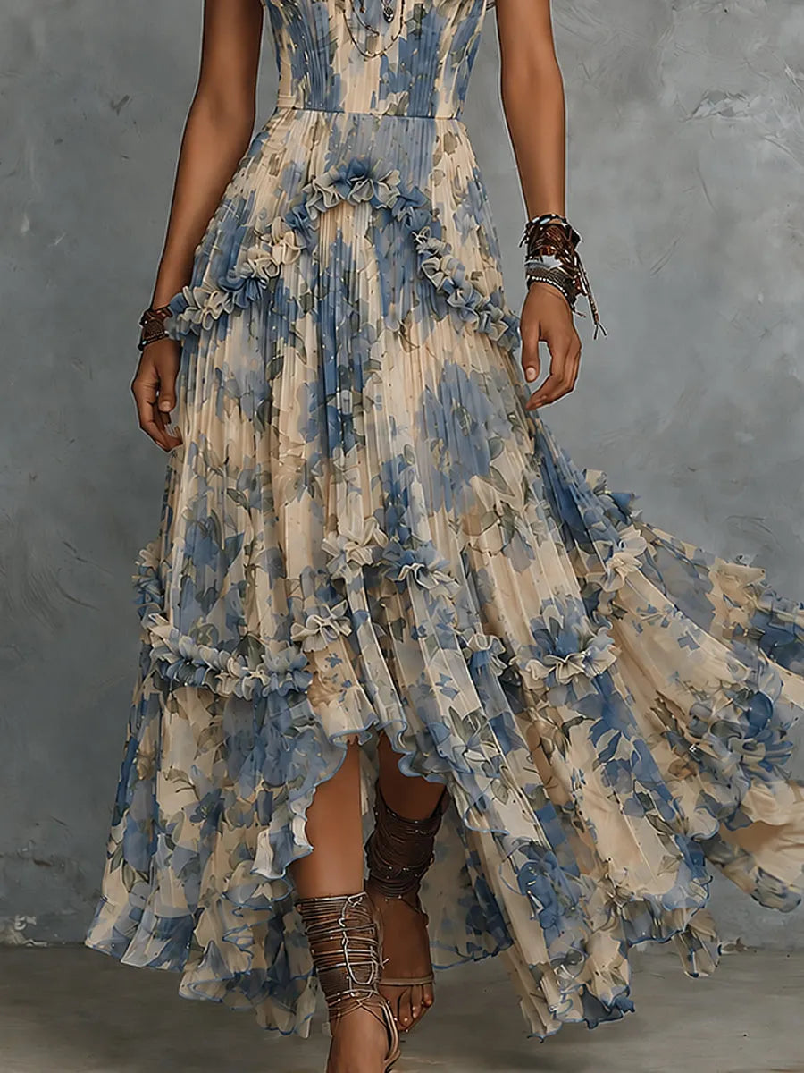 Elegant strapless printed chiffon maxi dress with ruffles