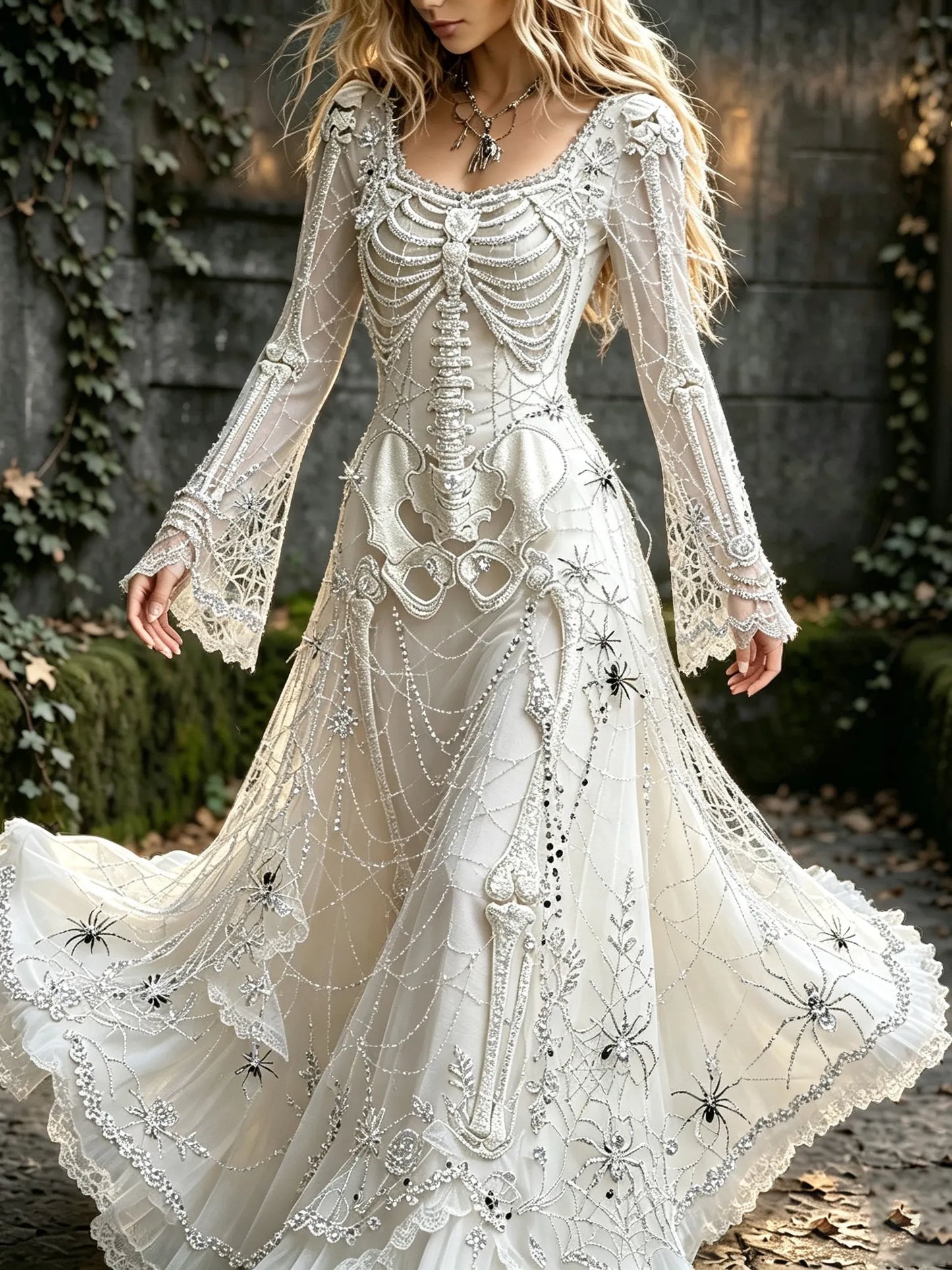 Women's Retro Gothic Spider Web With Skull Pattern Mixi Halloween Dress