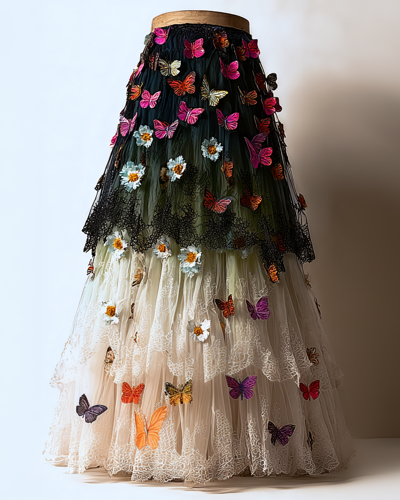 Elegant Patchwork Ruffle Long Skirt 6cc1