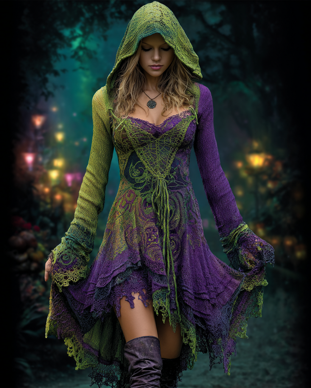 Halloween contrasting irregular lace patchwork knitted hooded dress dd25