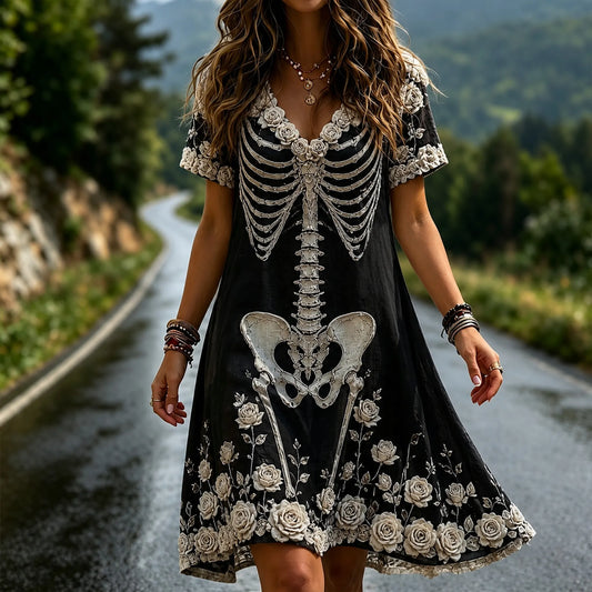 Women's Vintage Rose And Bloody Halloween Art V-neck Short Sleeve Mini Dress
