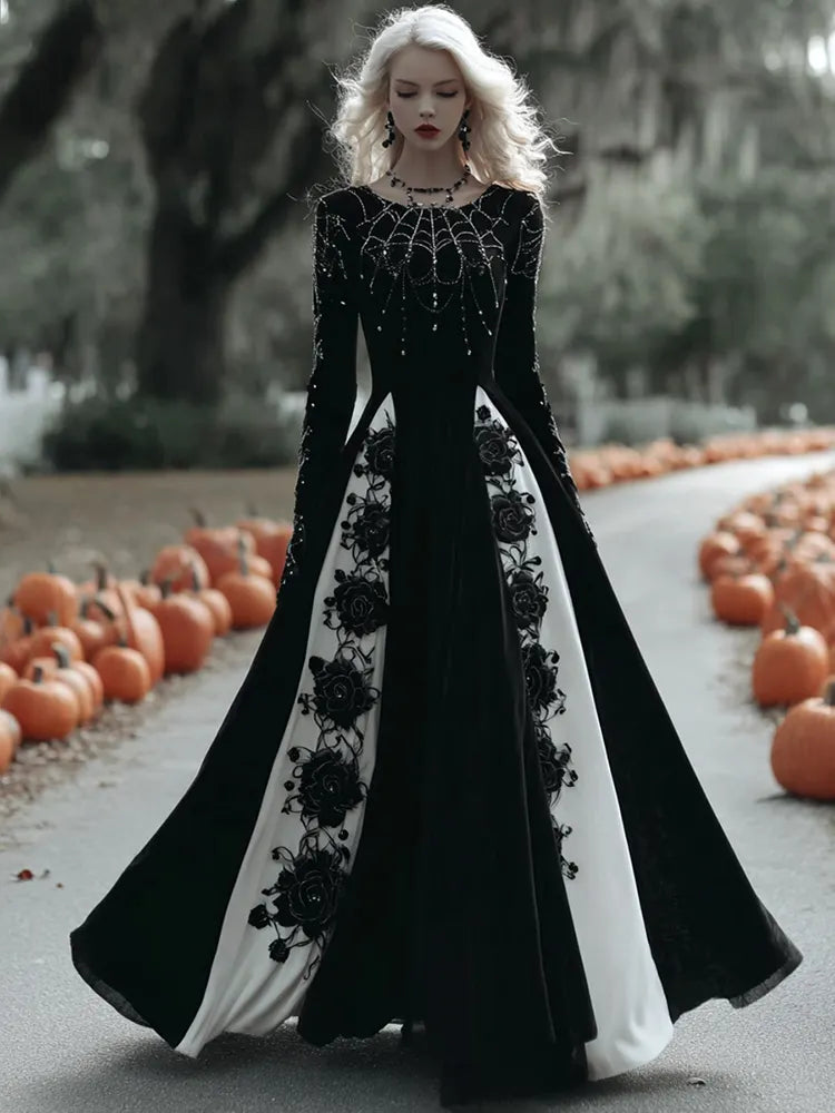 Women's Halloween Black Roses With Spider Web Art Comfy Velvet Round Neck Maxi Dress
