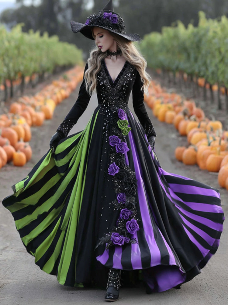 Women's Halloween Black Green Purple Stripes Art Comfy Velvet V Neck Maxi Dress