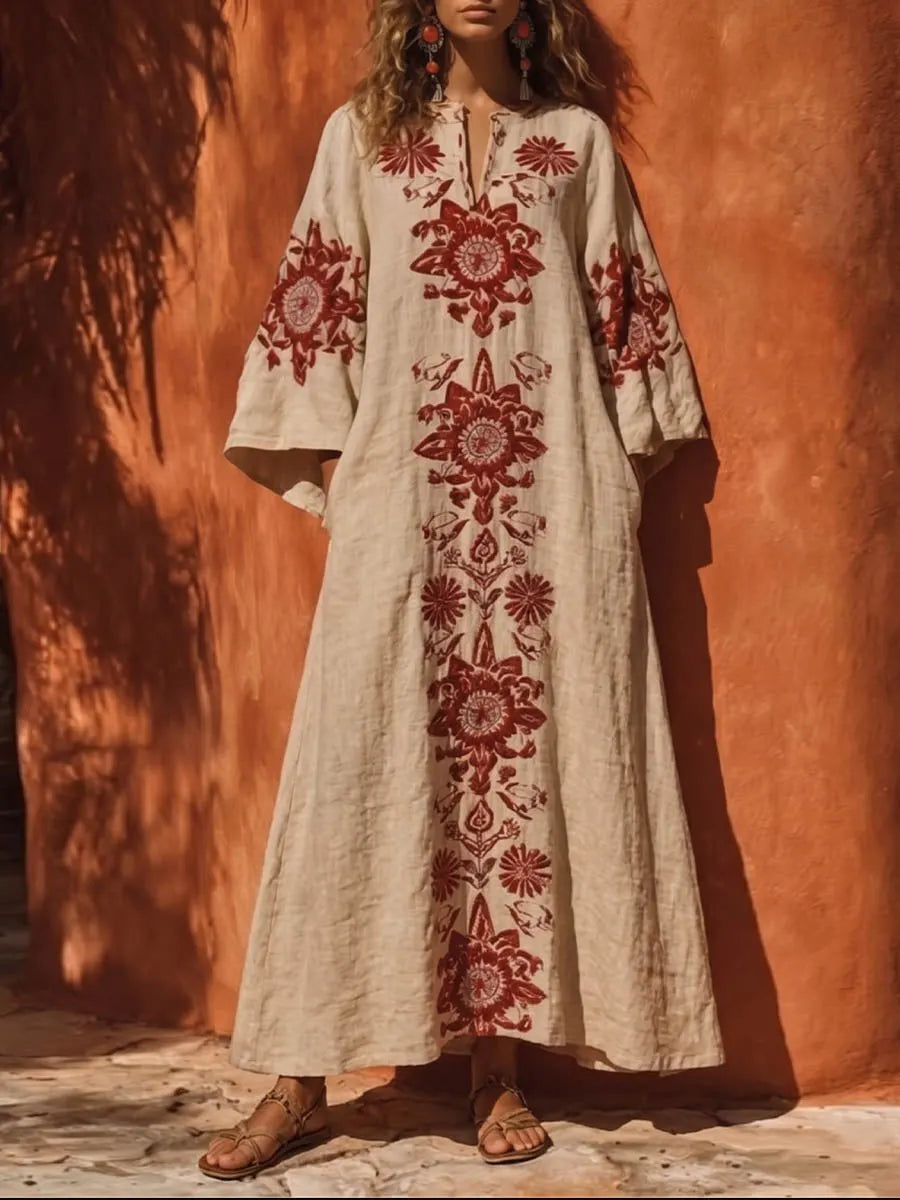 Women's Casual Loose Cotton-linen V-neck Long-sleeve Dress With Placement Print