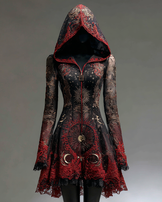 Halloween Gradient Star And Moon Embroidered Lace Patchwork Hooded Dress 4a19