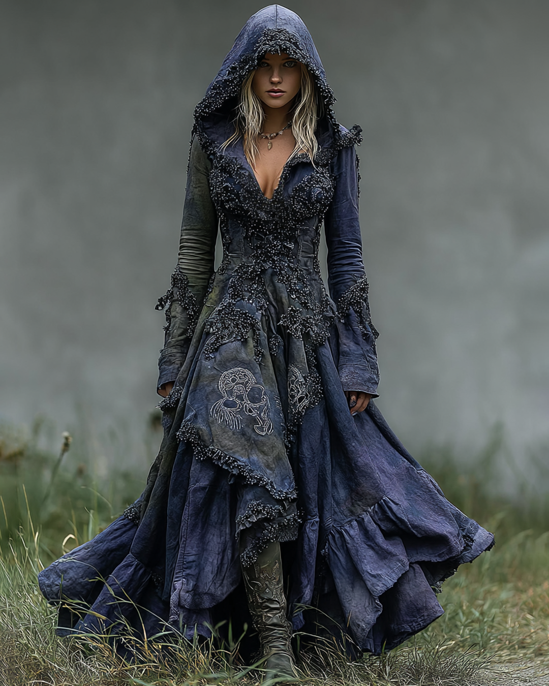 Halloween Themed Irregular Gradient Lace Patchwork Hooded Dress bc18