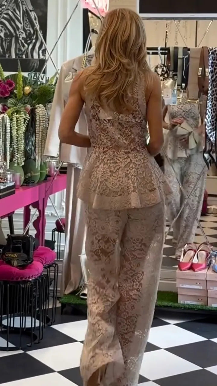 Floral Lace Peplum Top & Wide Leg Pants Co‑Ord Set