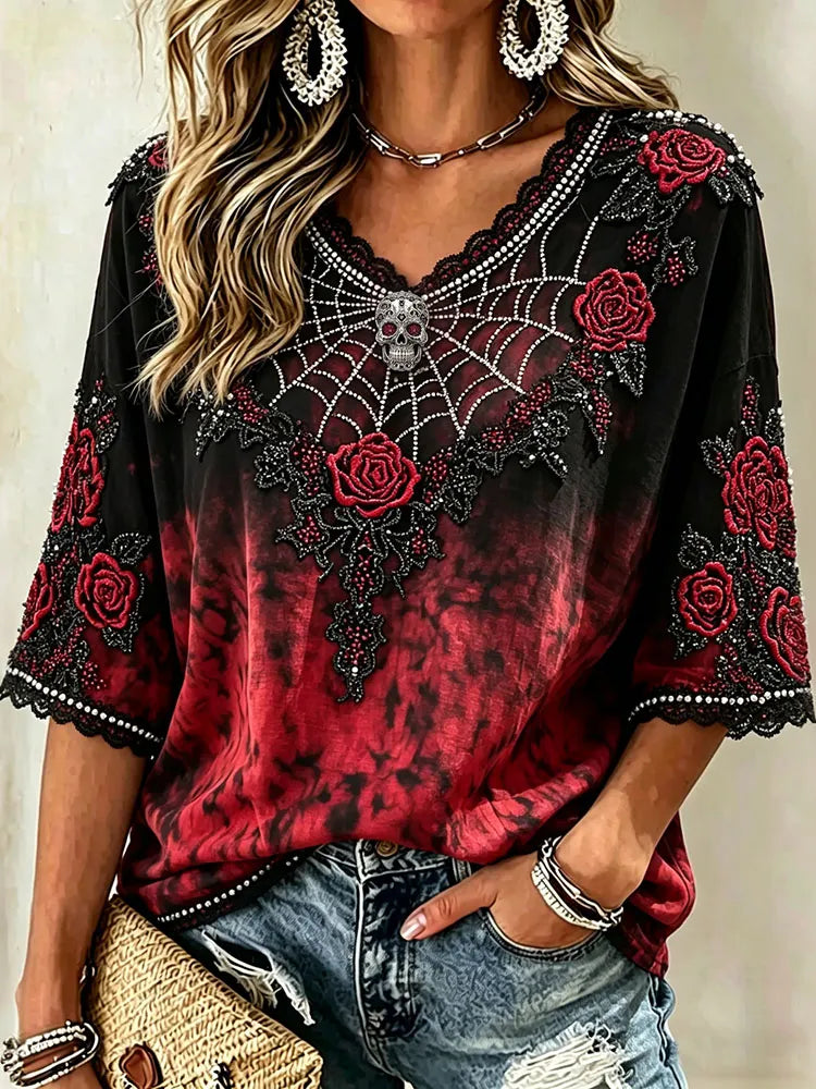 Retro Gothic Spider Skull Floral Gradient Art Casual Tops