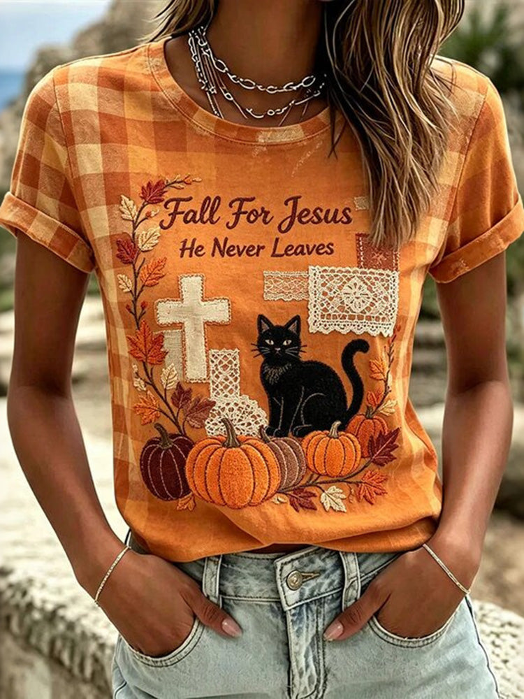 Fall For Jesus He Never Leaves Halloween Cat Patch Casual T-shirt.