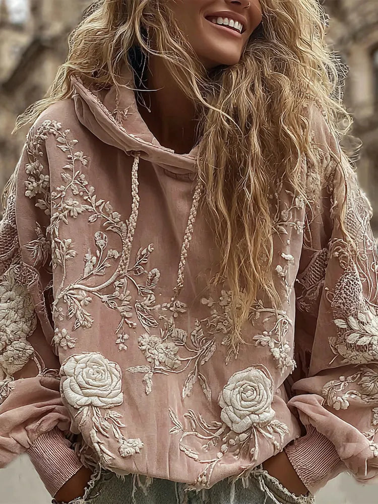 Women's Classic Romantic White Rose Embroidery Art Comfy Hoodie
