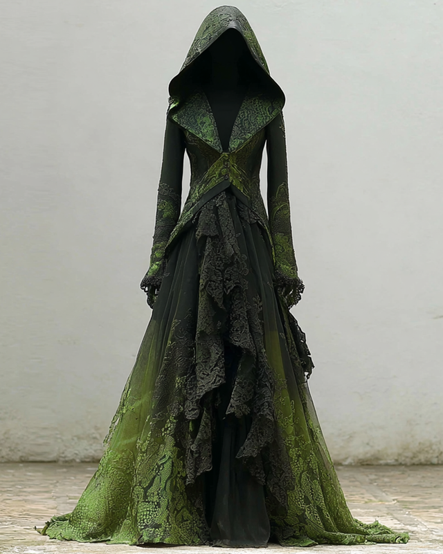 Halloween Gradient Snake Print Lace Paneled Ruffle Hooded Dress 16a1