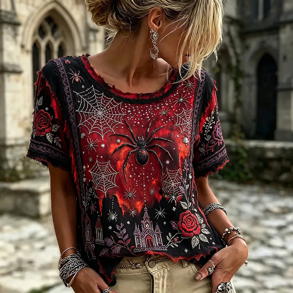 Women's Halloween Spider And Rose Art Rhinestone Vintage Crew Neck Short Sleeve Top