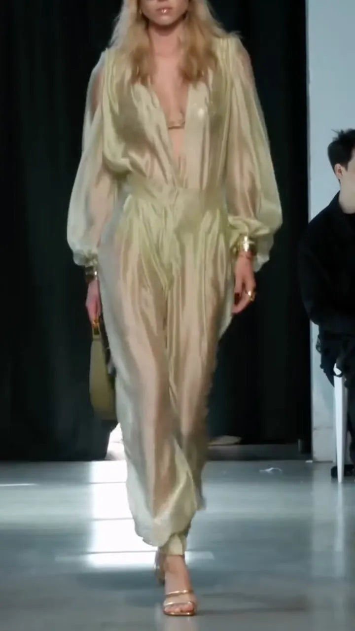 Gold Long Sleeve V-Neck Wide Leg Pants Set