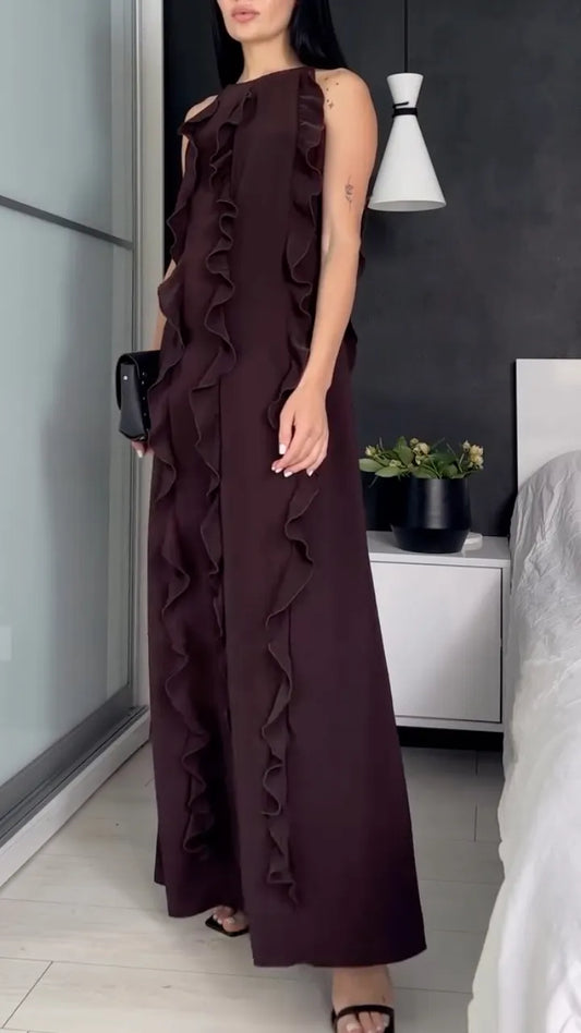 Women's Sleeveless Ruffle Trim Maxi Dress