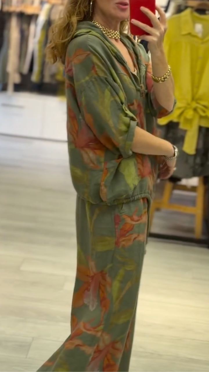 Green Floral Print Hoodie & Pants Co-Ord Set