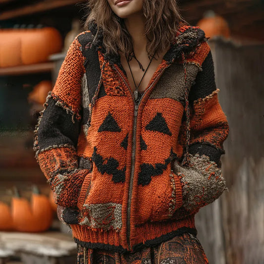 Patchwork Halloween Pumpkin Face Art Cozy Knit Hooded Cardigan
