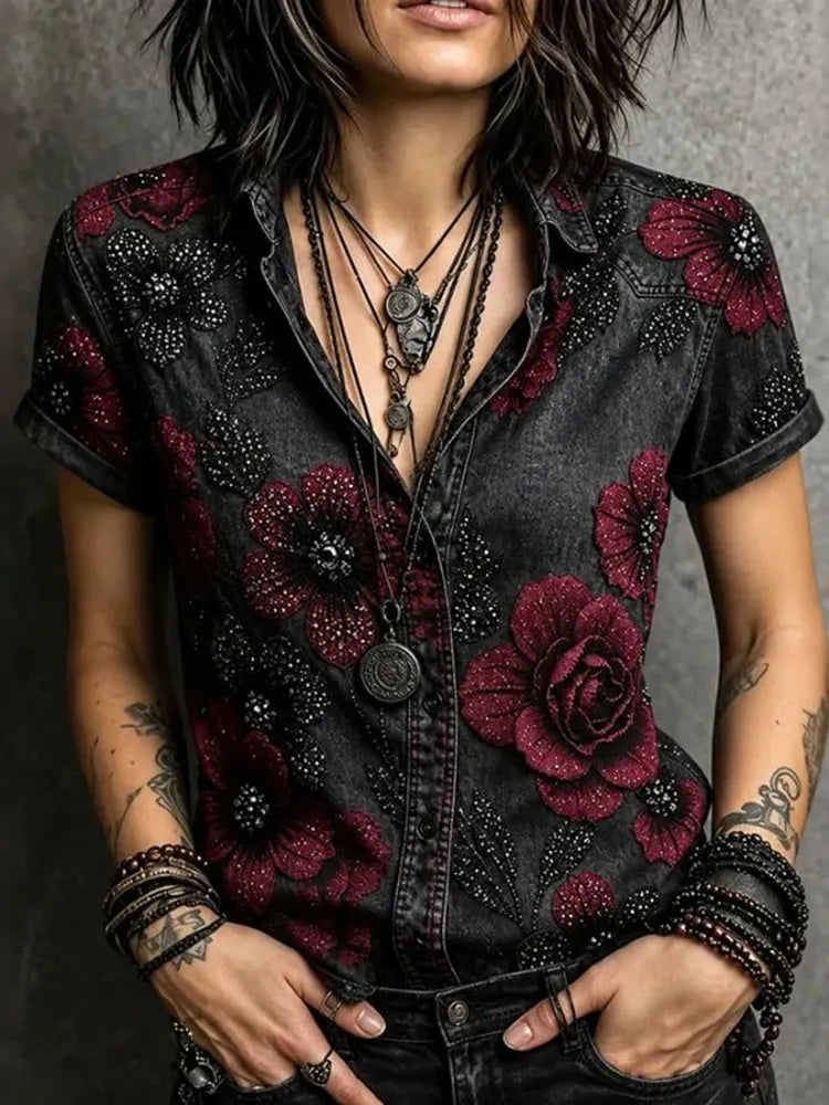 Women's Dark Floral Design Short-sleeve Shirt