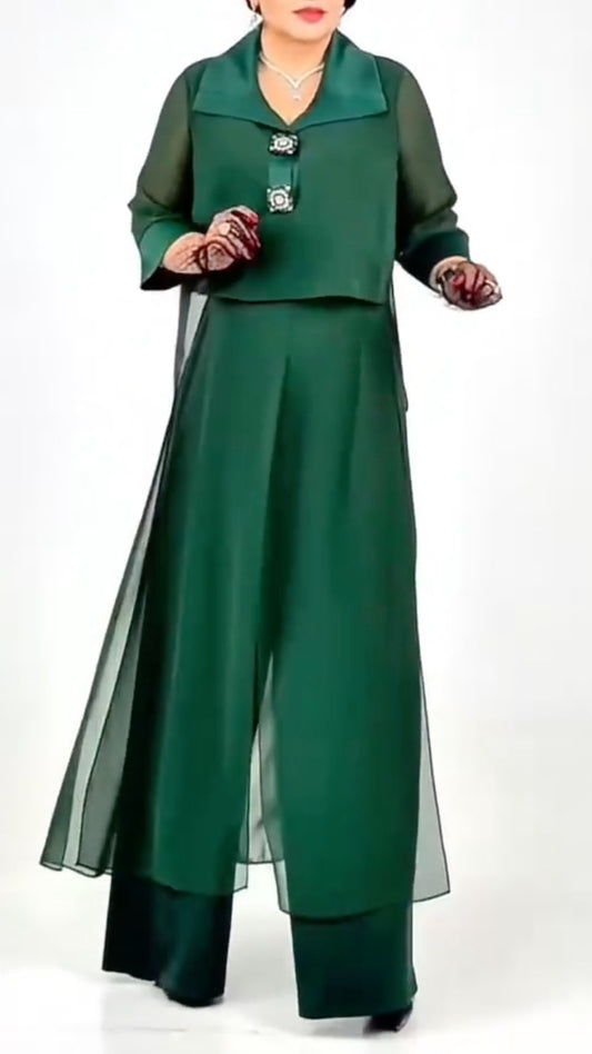 Women's Lapel Chiffon Top & Flowy Wide-Leg Pants Casual Set