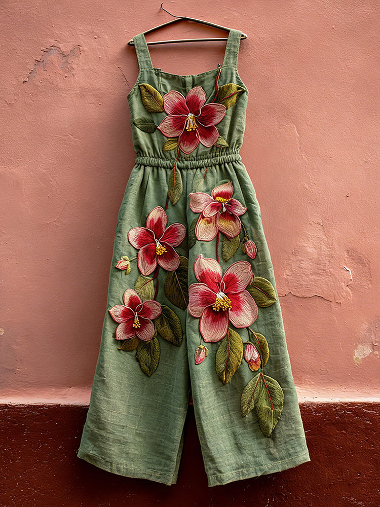 Women's Vintage Hibiscus Print Casual Linen-blend Jumpsuit