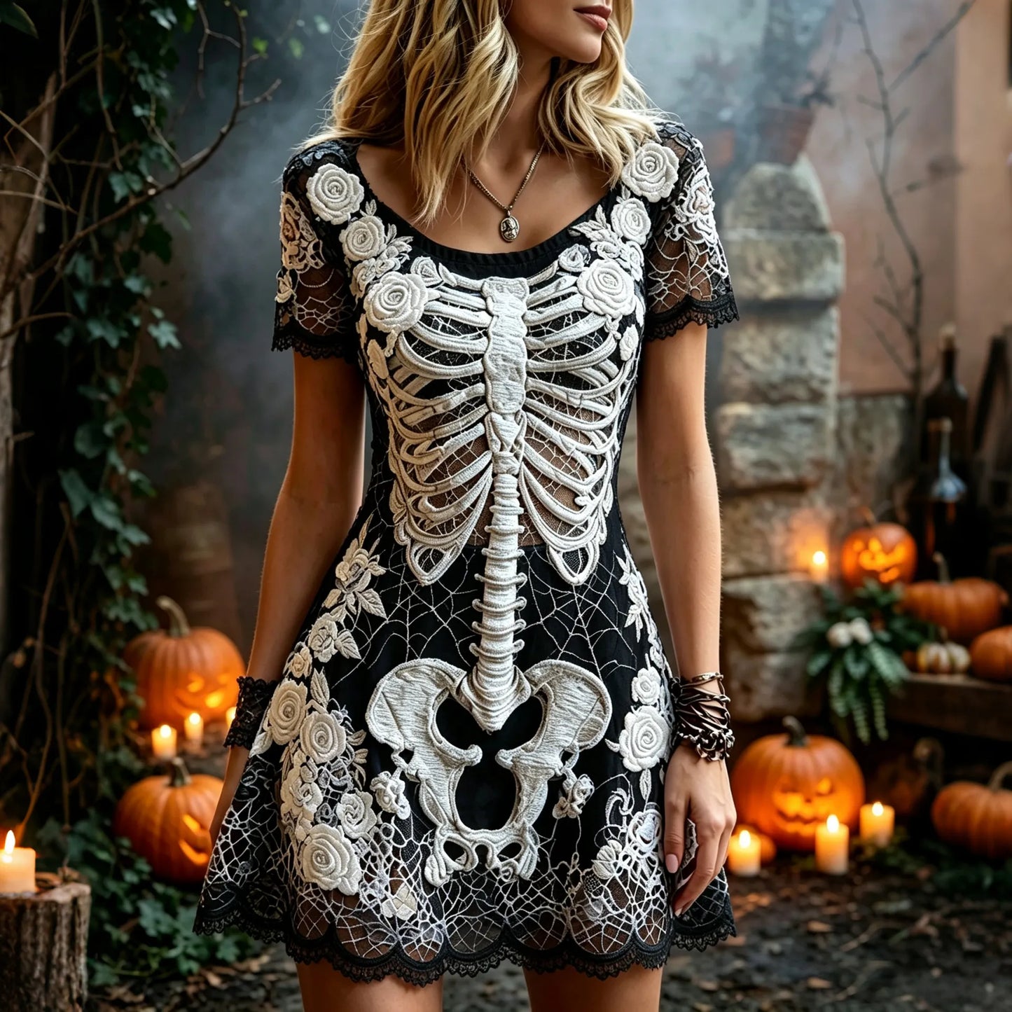 Women's Retro Halloween Skeleton Floral Pattern Round Neck Short Sleeve Dress