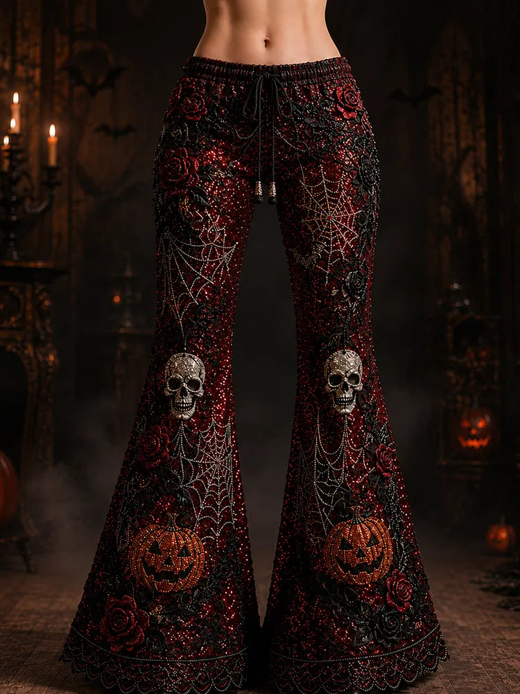Women's Halloween Sparkly Sequin Skull & Pumpkin Bell-bottom Pants