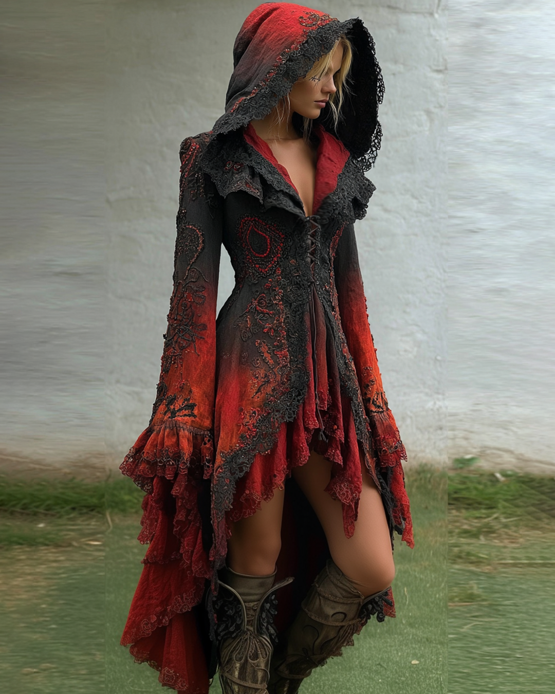 Halloween Themed Irregular Gradient Lace Patchwork Hooded Dress b02a