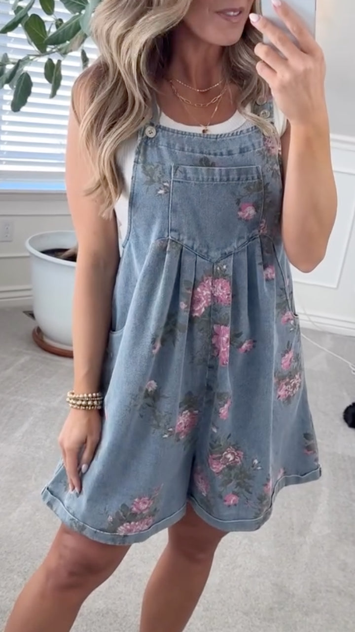 Retro Floral Denim Overall Shorts
